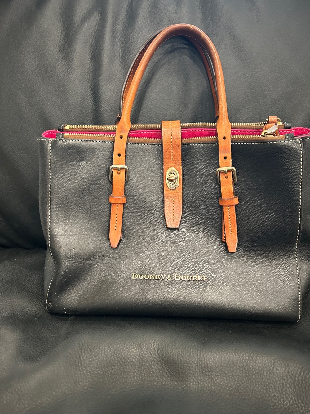Dooney & Bourke Black Leather Satchel with Tan Handles and Pink Trim
